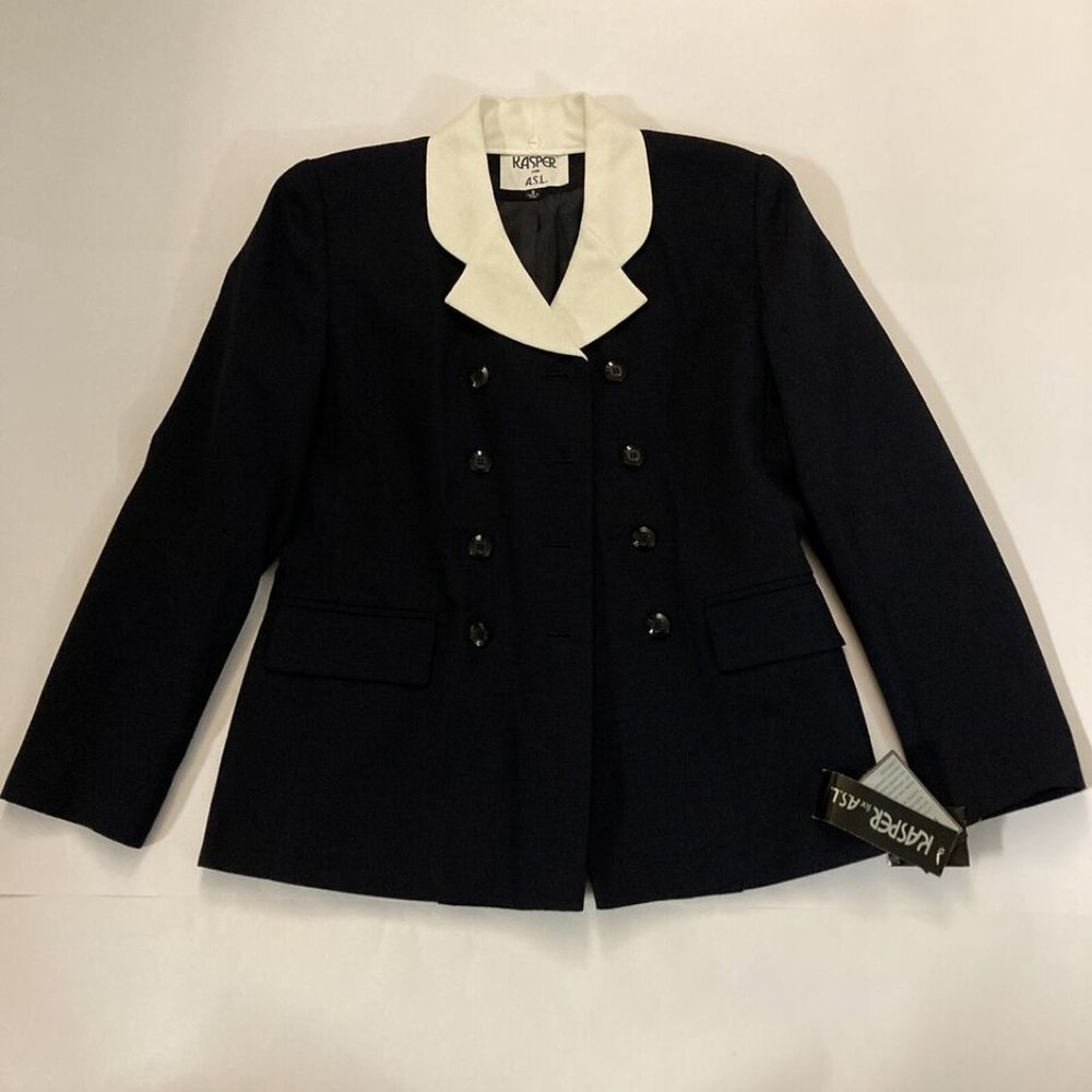 Kasper A.S.L. Silk Blazer Women's Size 6 Navy White Collar 8 Button New $189